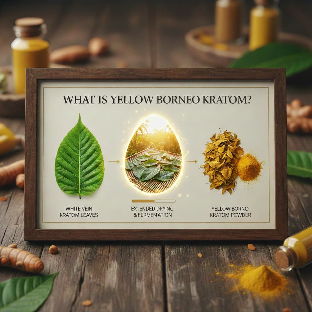 Yellow Borneo Kratom powder showing characteristic golden color from specialized drying process